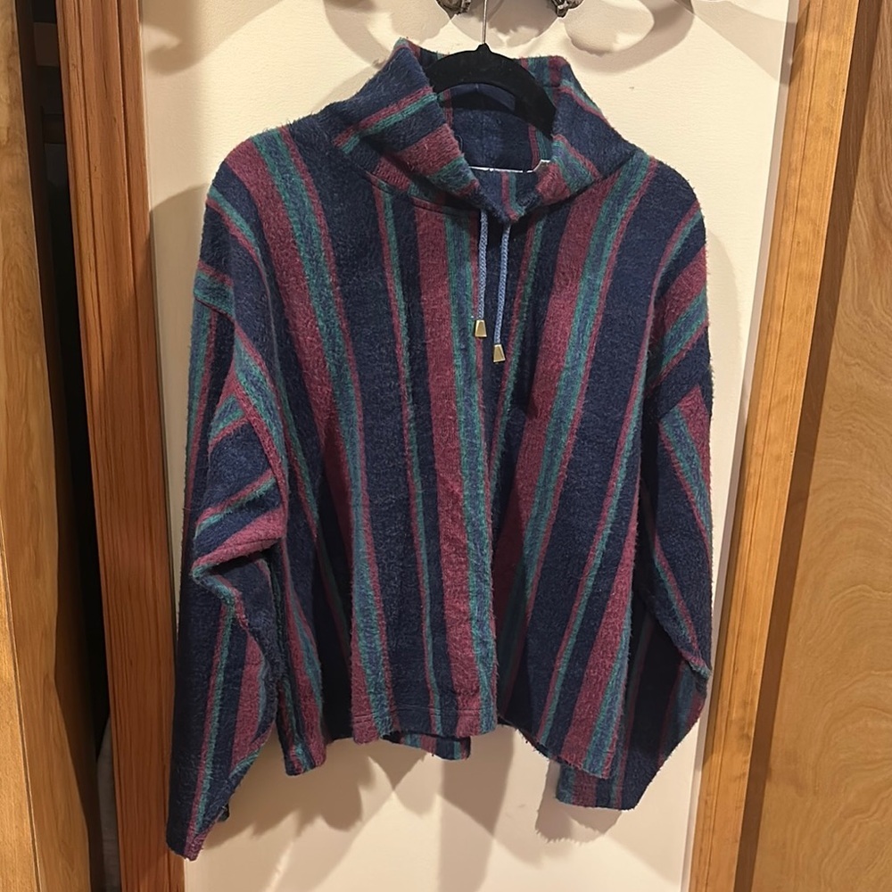 Blue and Pink Cowl Neck Sweater with Cozy Knit